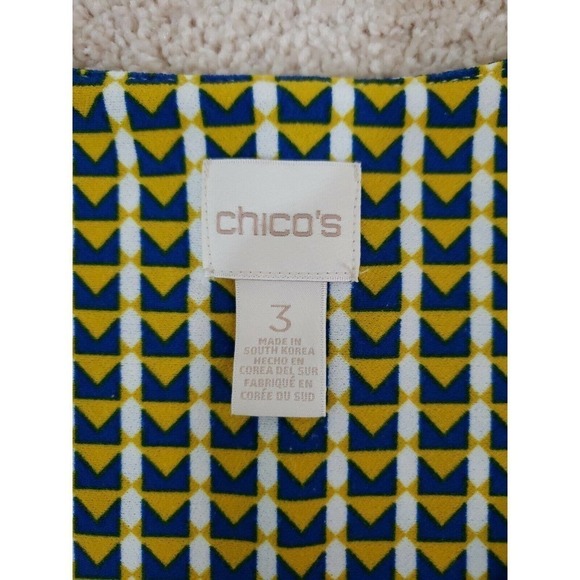 Chico's ~Woman Size 3~ Yellow/Blue Flare Top Blouse, Stretch, 3/4 Sleeve. - Picture 5 of 12